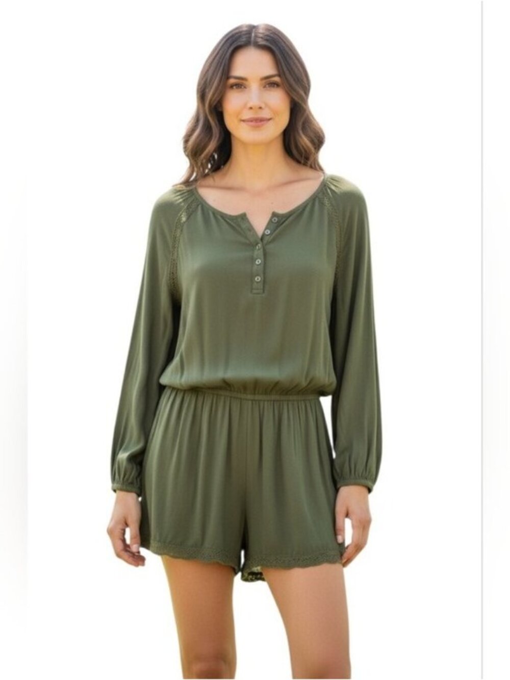 Hello Nite Crochet Trim Long Sleeve Romper In Olive Green Size Small
